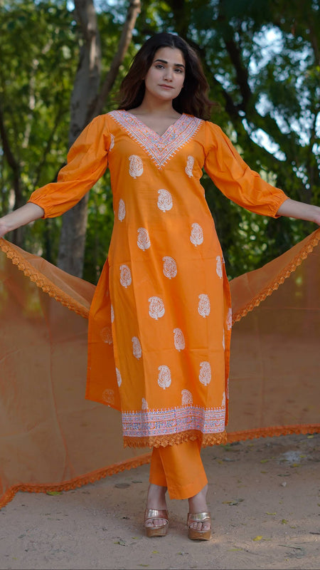 Tara – Marigold Glow Handblock Khari Printed Cotton Suit Set with Organza Dupatta