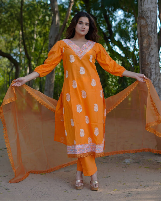 Tara – Marigold Glow Handblock Khari Printed Cotton Suit Set with Organza Dupatta