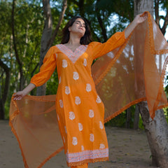Tara – Marigold Glow Handblock Khari Printed Cotton Suit Set with Organza Dupatta