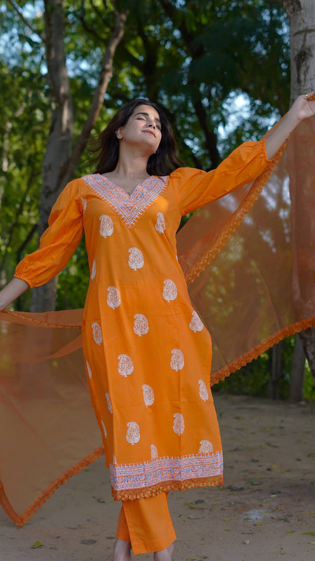 Tara – Marigold Glow Handblock Khari Printed Cotton Suit Set with Organza Dupatta