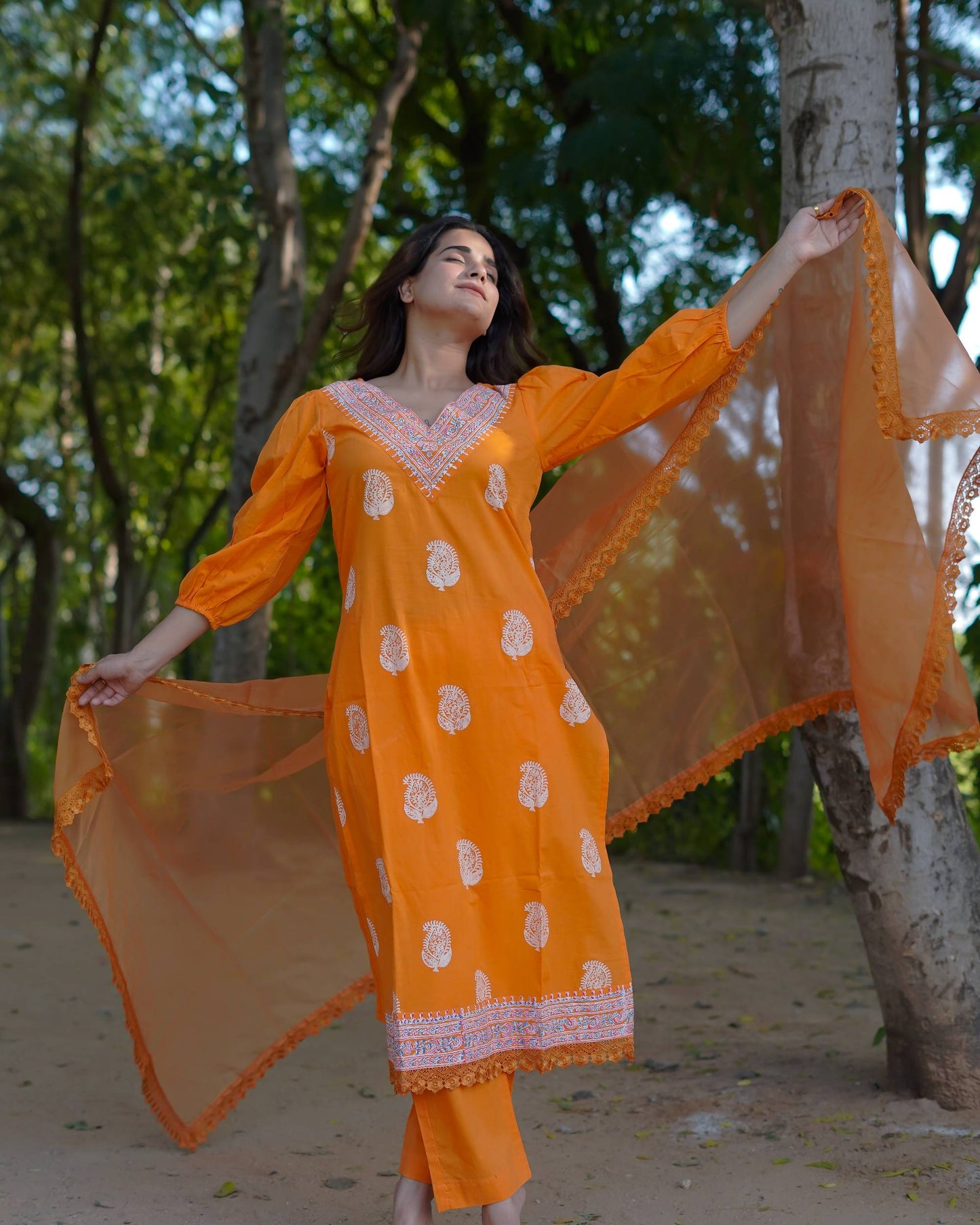 Tara – Marigold Glow Handblock Khari Printed Cotton Suit Set with Organza Dupatta