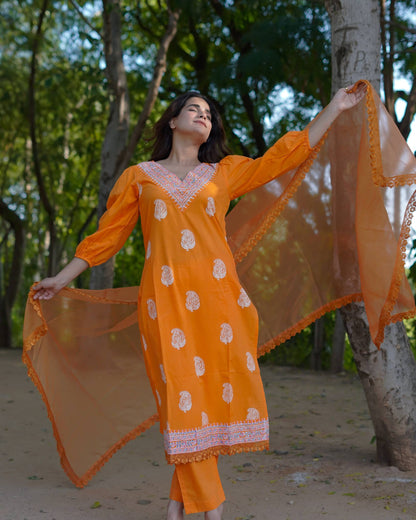 Tara – Marigold Glow Handblock Khari Printed Cotton Suit Set with Organza Dupatta
