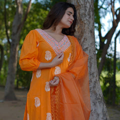 Tara – Marigold Glow Handblock Khari Printed Cotton Suit Set with Organza Dupatta