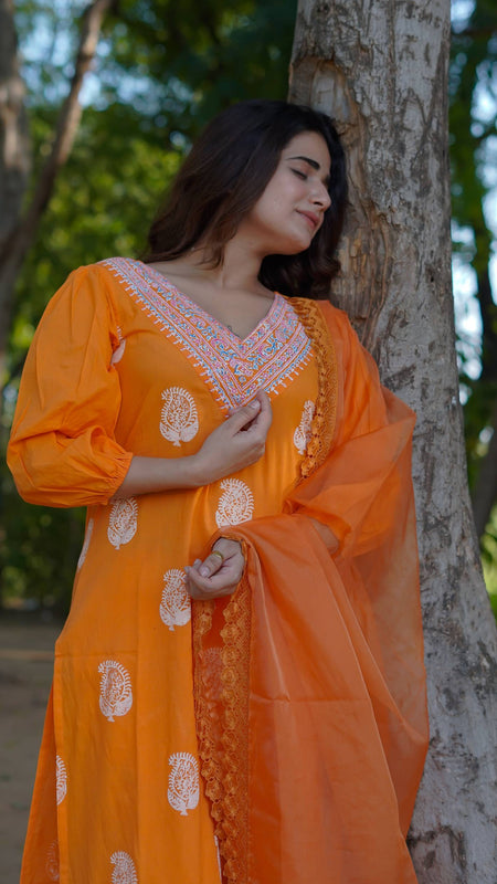 Tara – Marigold Glow Handblock Khari Printed Cotton Suit Set with Organza Dupatta