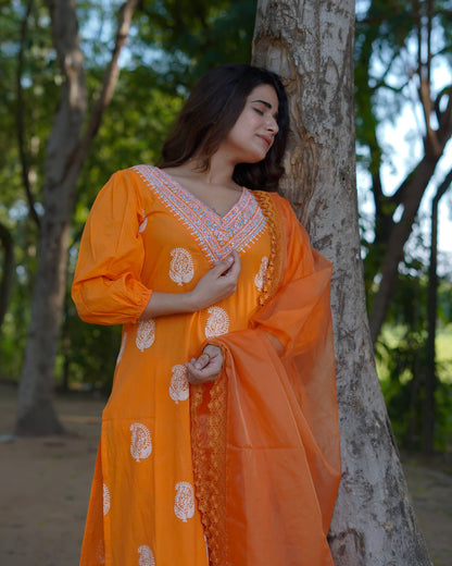 Tara – Marigold Glow Handblock Khari Printed Cotton Suit Set with Organza Dupatta