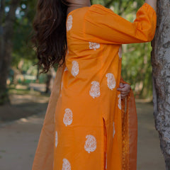 Tara – Marigold Glow Handblock Khari Printed Cotton Suit Set with Organza Dupatta