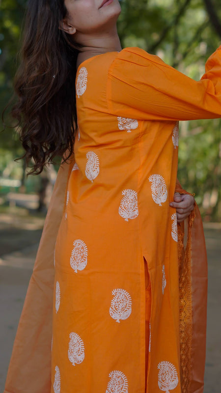 Tara – Marigold Glow Handblock Khari Printed Cotton Suit Set with Organza Dupatta