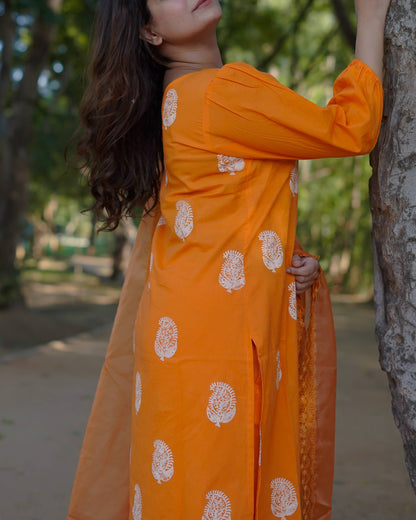 Tara – Marigold Glow Handblock Khari Printed Cotton Suit Set with Organza Dupatta