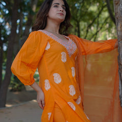 Tara – Marigold Glow Handblock Khari Printed Cotton Suit Set with Organza Dupatta