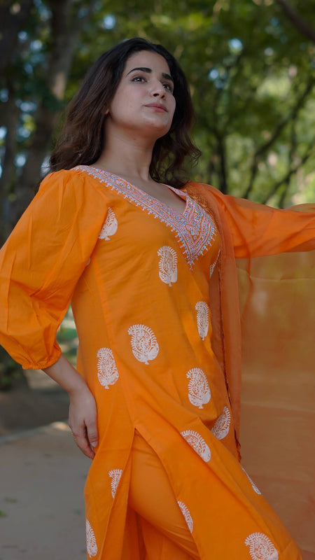 Tara – Marigold Glow Handblock Khari Printed Cotton Suit Set with Organza Dupatta