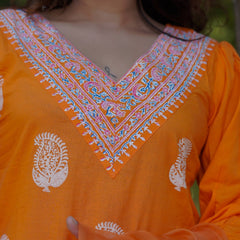 Tara – Marigold Glow Handblock Khari Printed Cotton Suit Set with Organza Dupatta