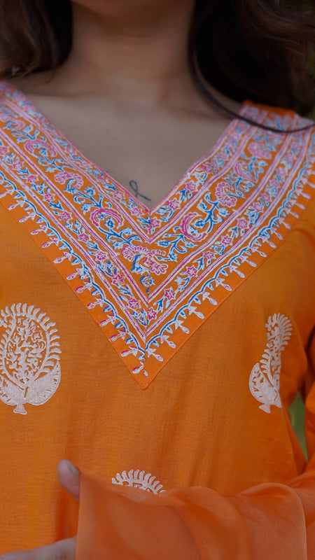 Tara – Marigold Glow Handblock Khari Printed Cotton Suit Set with Organza Dupatta