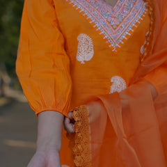 Tara – Marigold Glow Handblock Khari Printed Cotton Suit Set with Organza Dupatta