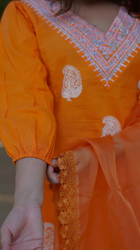 Tara – Marigold Glow Handblock Khari Printed Cotton Suit Set with Organza Dupatta