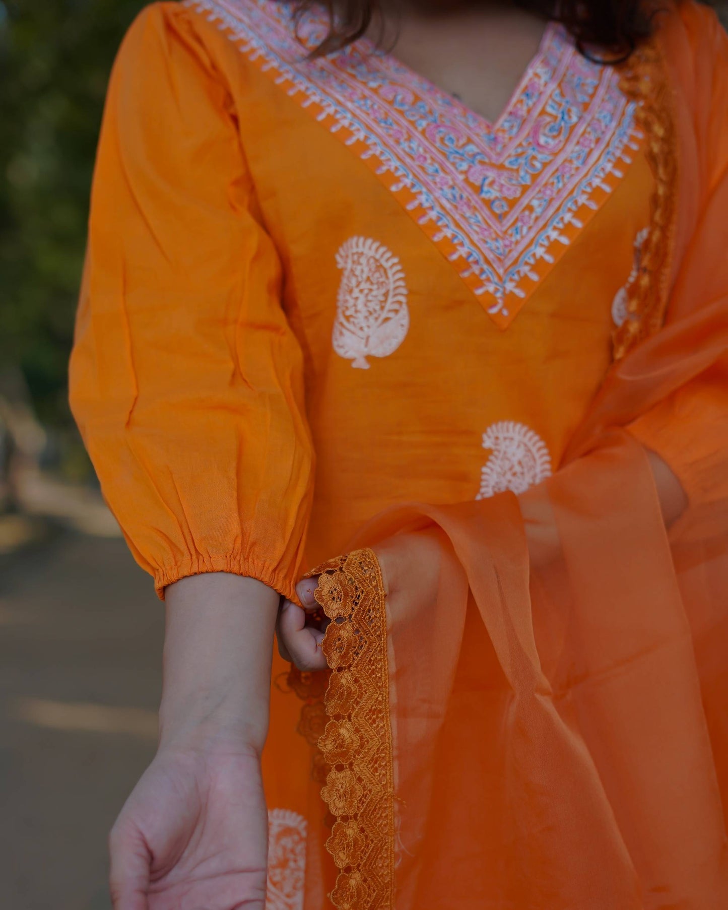 Tara – Marigold Glow Handblock Khari Printed Cotton Suit Set with Organza Dupatta