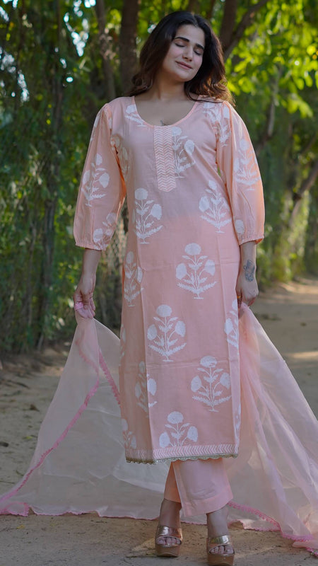 Anaira – Blush Bloom Handblock Khari Printed Cotton Suit Set with Organza Dupatta