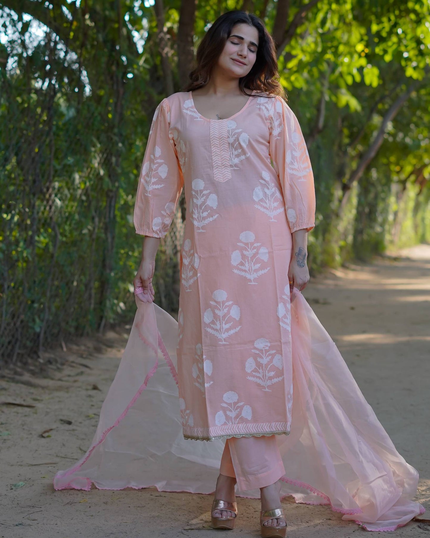 Anaira – Blush Bloom Handblock Khari Printed Cotton Suit Set with Organza Dupatta
