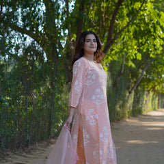 Anaira – Blush Bloom Handblock Khari Printed Cotton Suit Set with Organza Dupatta