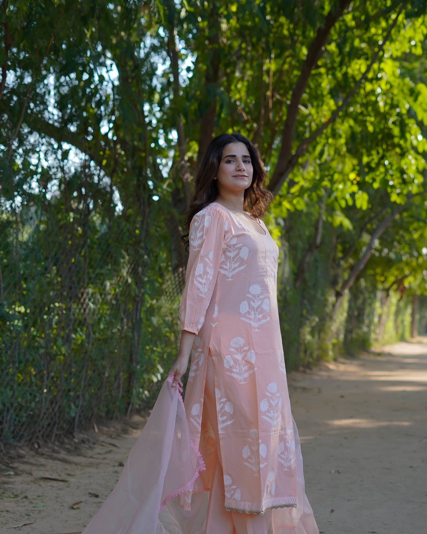 Anaira – Blush Bloom Handblock Khari Printed Cotton Suit Set with Organza Dupatta