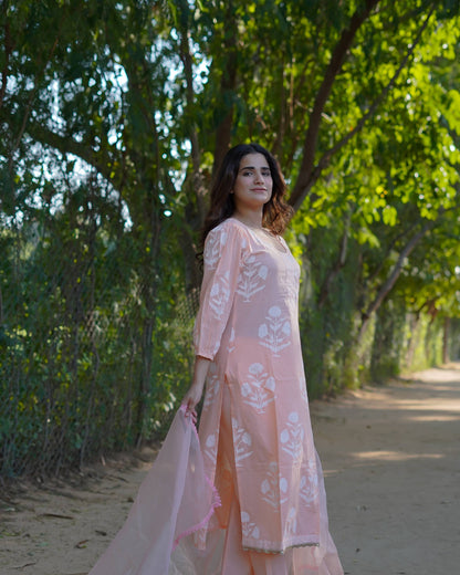 Anaira – Blush Bloom Handblock Khari Printed Cotton Suit Set with Organza Dupatta