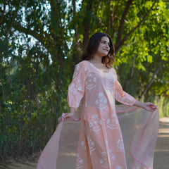 Anaira – Blush Bloom Handblock Khari Printed Cotton Suit Set with Organza Dupatta