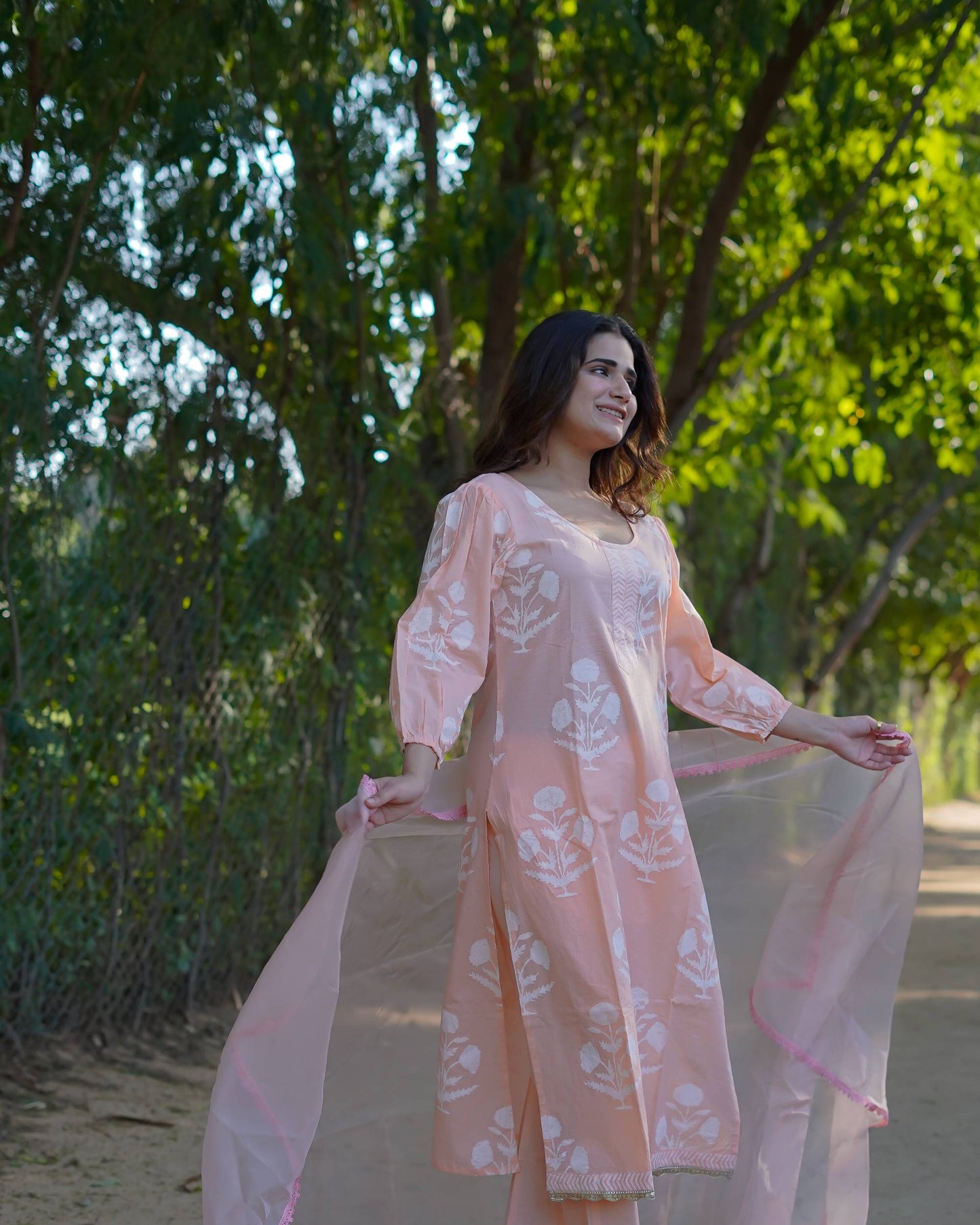 Anaira – Blush Bloom Handblock Khari Printed Cotton Suit Set with Organza Dupatta