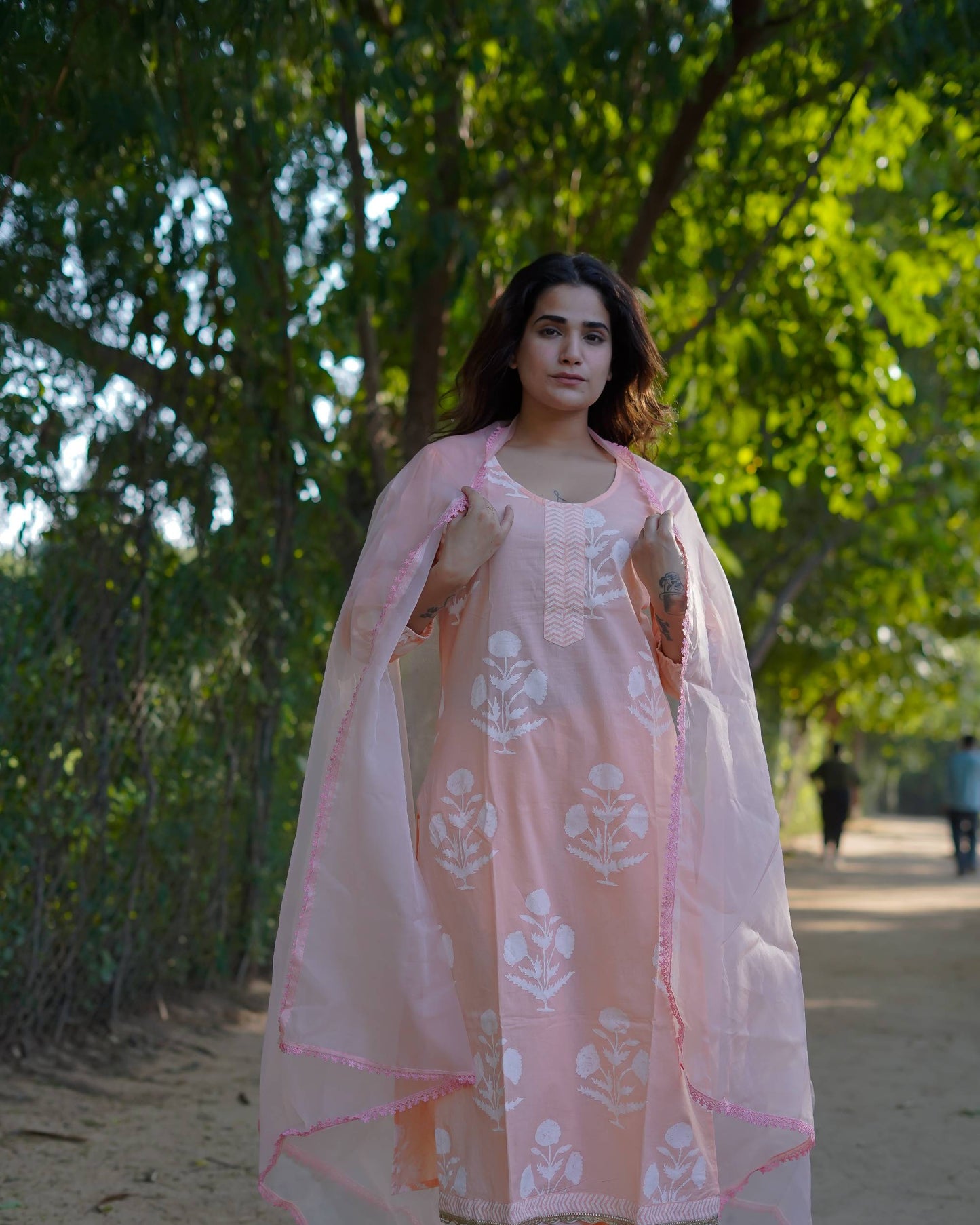 Anaira – Blush Bloom Handblock Khari Printed Cotton Suit Set with Organza Dupatta