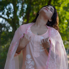 Anaira – Blush Bloom Handblock Khari Printed Cotton Suit Set with Organza Dupatta