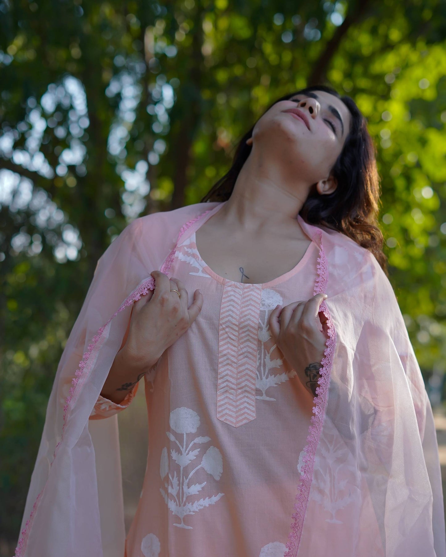 Anaira – Blush Bloom Handblock Khari Printed Cotton Suit Set with Organza Dupatta