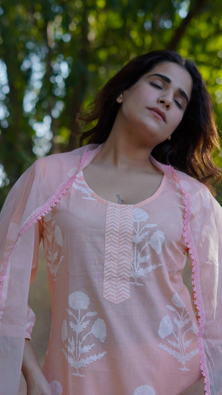 Anaira – Blush Bloom Handblock Khari Printed Cotton Suit Set with Organza Dupatta