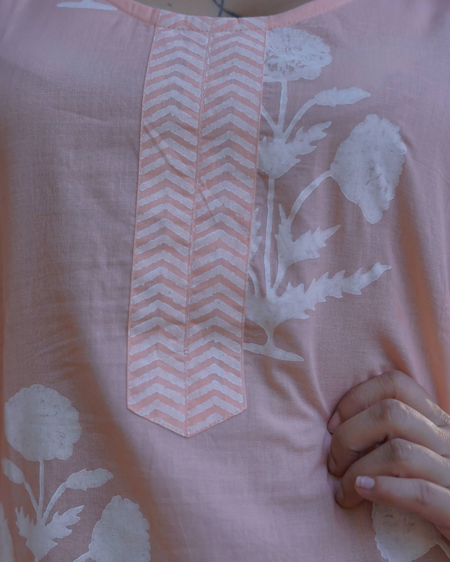 Anaira – Blush Bloom Handblock Khari Printed Cotton Suit Set with Organza Dupatta