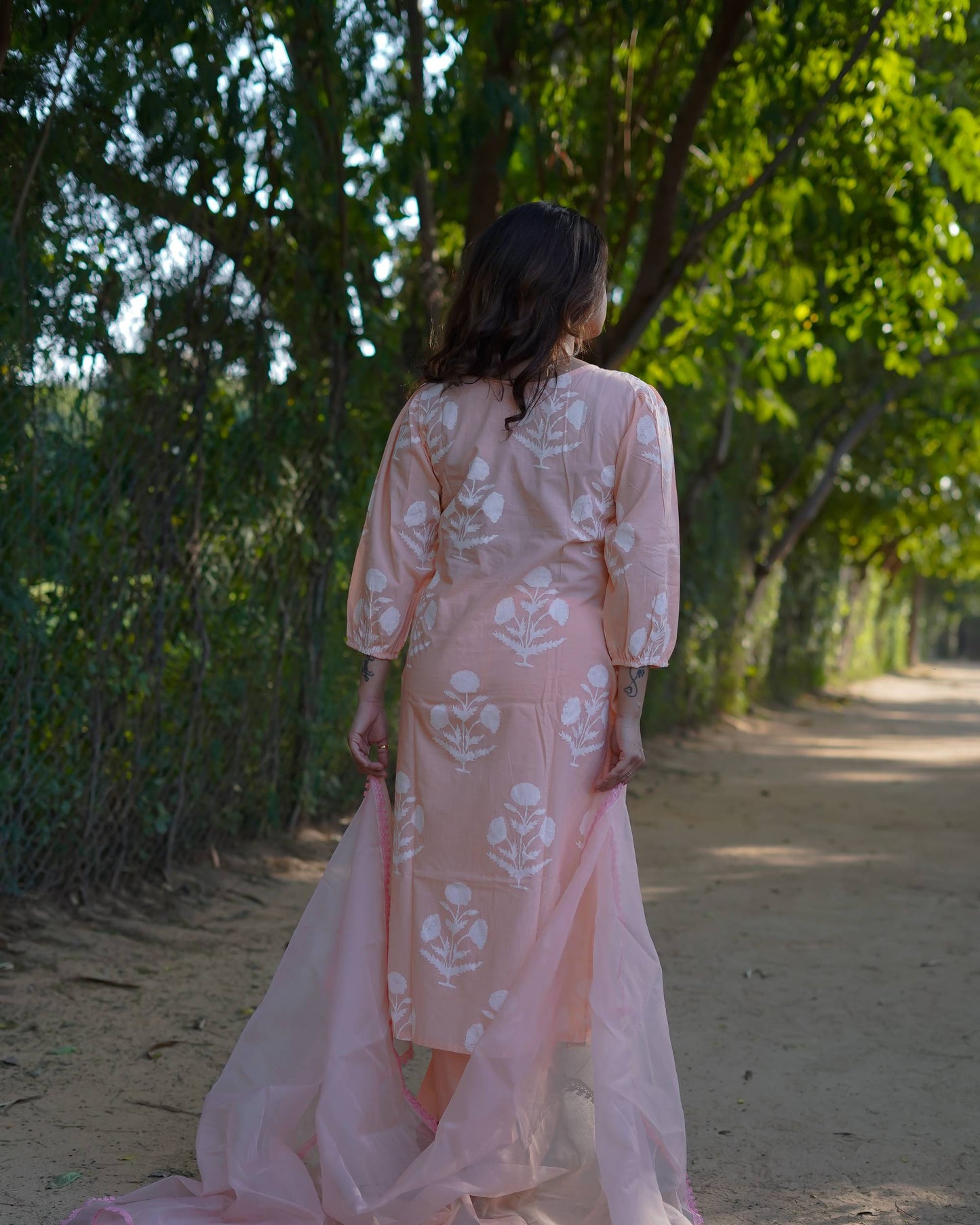 Anaira – Blush Bloom Handblock Khari Printed Cotton Suit Set with Organza Dupatta