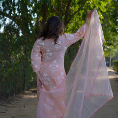 Anaira – Blush Bloom Handblock Khari Printed Cotton Suit Set with Organza Dupatta