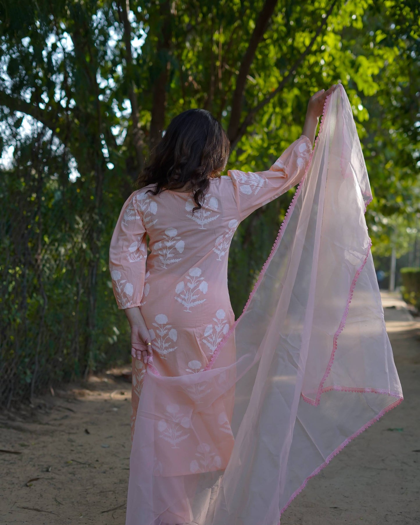 Anaira – Blush Bloom Handblock Khari Printed Cotton Suit Set with Organza Dupatta