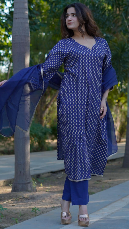 Aaravi – Midnight Gold Handblock Printed Cotton Suit Set with Organza Dupatta