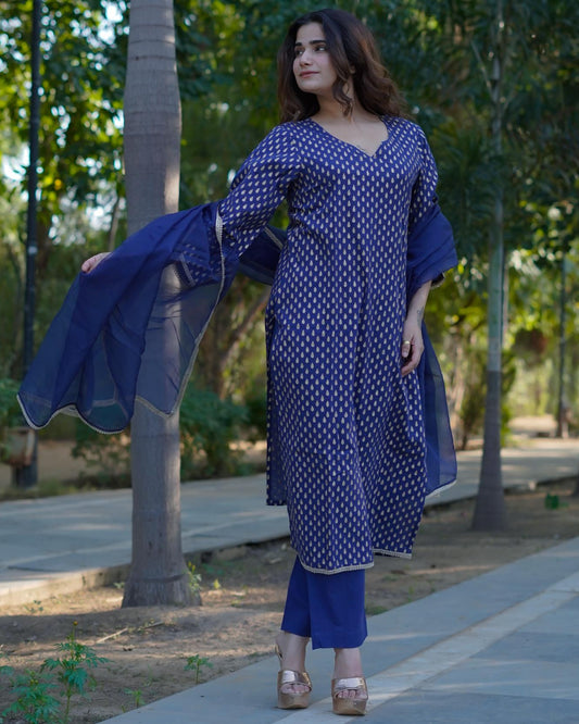 Aaravi – Midnight Gold Handblock Printed Cotton Suit Set with Organza Dupatta