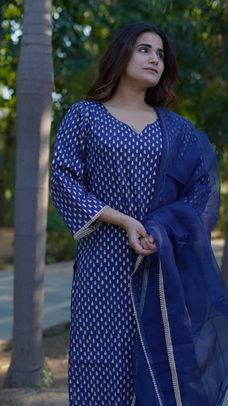 Aaravi – Midnight Gold Handblock Printed Cotton Suit Set with Organza Dupatta