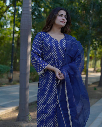 Aaravi – Midnight Gold Handblock Printed Cotton Suit Set with Organza Dupatta