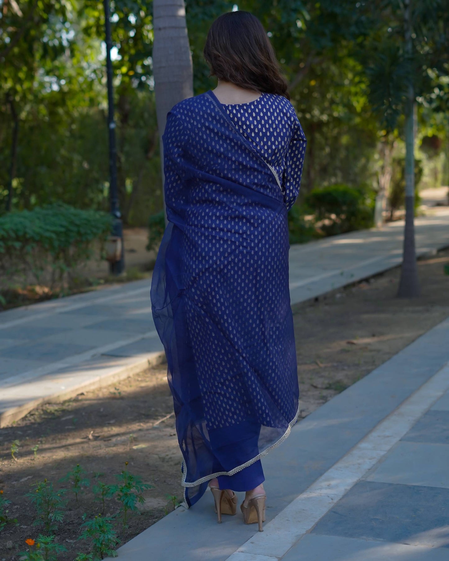 Aaravi – Midnight Gold Handblock Printed Cotton Suit Set with Organza Dupatta