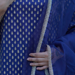 Aaravi – Midnight Gold Handblock Printed Cotton Suit Set with Organza Dupatta