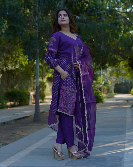 Vamika – Royal Orchid Handblock Gold Printed Cotton Suit Set with Organza Dupatta