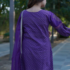 Vamika – Royal Orchid Handblock Gold Printed Cotton Suit Set with Organza Dupatta