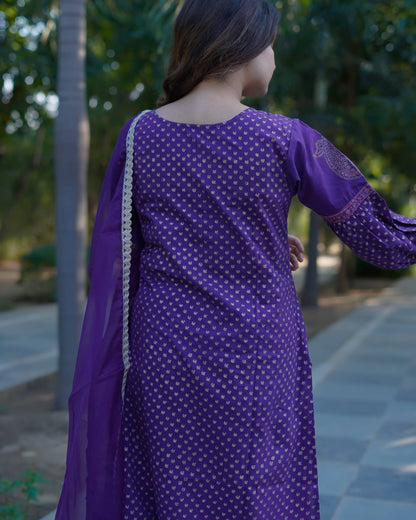 Vamika – Royal Orchid Handblock Gold Printed Cotton Suit Set with Organza Dupatta