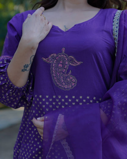 Vamika – Royal Orchid Handblock Gold Printed Cotton Suit Set with Organza Dupatta