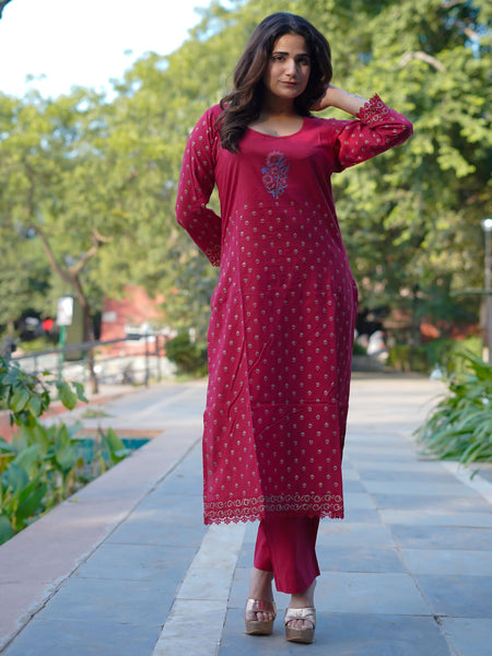 Ruhani Ruby Pure Cotton Hand Block Gold Print Co-ord Set