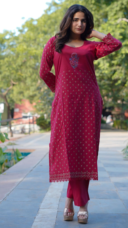 Ruhani Ruby Pure Cotton Hand Block Gold Print Co-ord Set