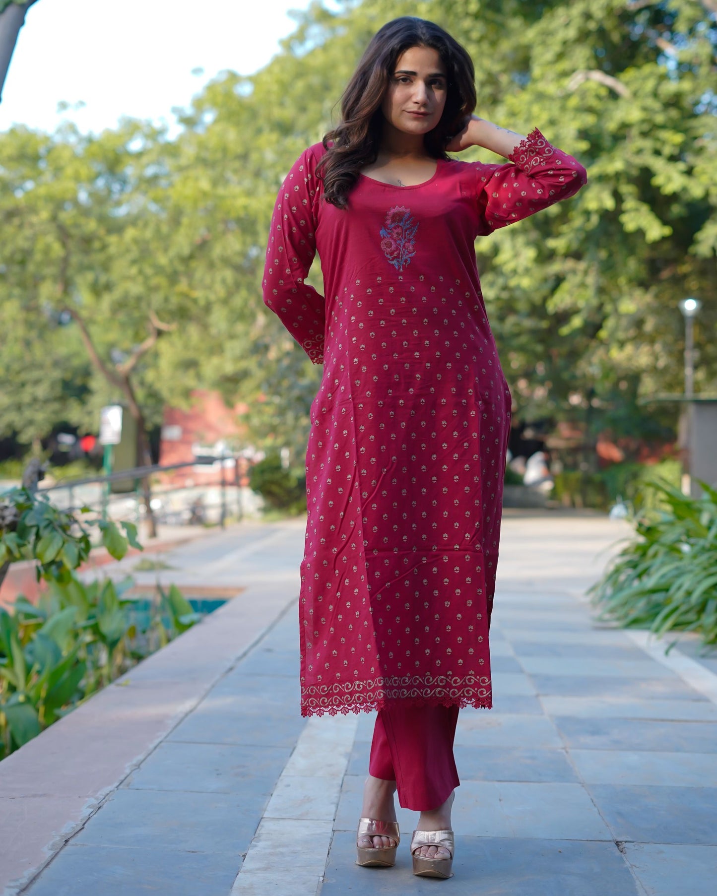 Ruhani Ruby Pure Cotton Hand Block Gold Print Co-ord Set