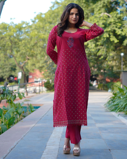 Ruhani Ruby Pure Cotton Hand Block Gold Print Co-ord Set