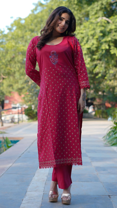 Ruhani Ruby Pure Cotton Hand Block Gold Print Co-ord Set