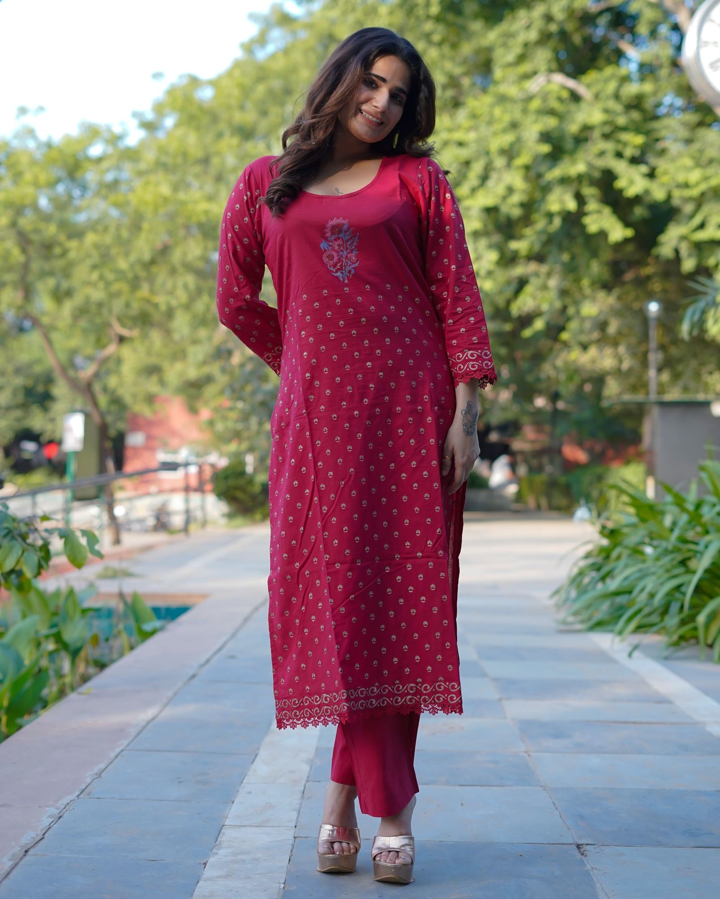 Ruhani Ruby Pure Cotton Hand Block Gold Print Co-ord Set